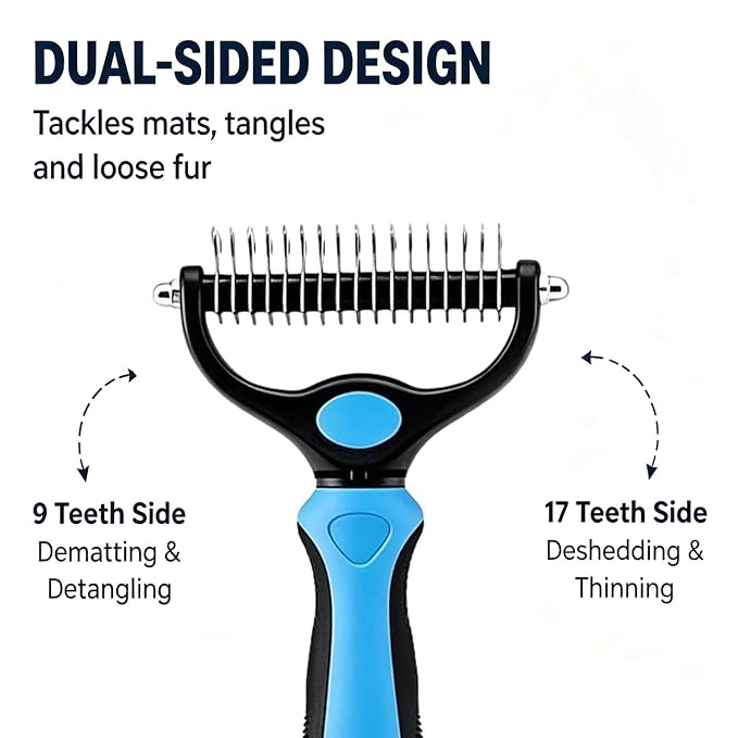 Dematting Comb for Dogs and Cats, Undercoat Pet Brush for Long Hair, Deshedding Brush for Dog Removes Tangles Knots and Loose Fur, 2-In-1 Double Tooth Comb Undercoat Rake Dog Brush