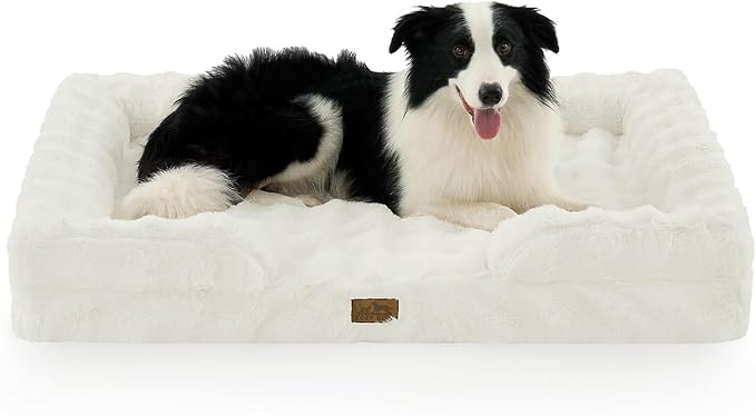 COZY KISS Orthopedic Dog Bed for Extra Large Dog 44x32 inch, XL Faux Fur Pet Sofa, Bolster Foam Bed with Sides, Non-Slip and Egg-Crate Big Dog Couch Bed with Washable Removable Cover, Beige