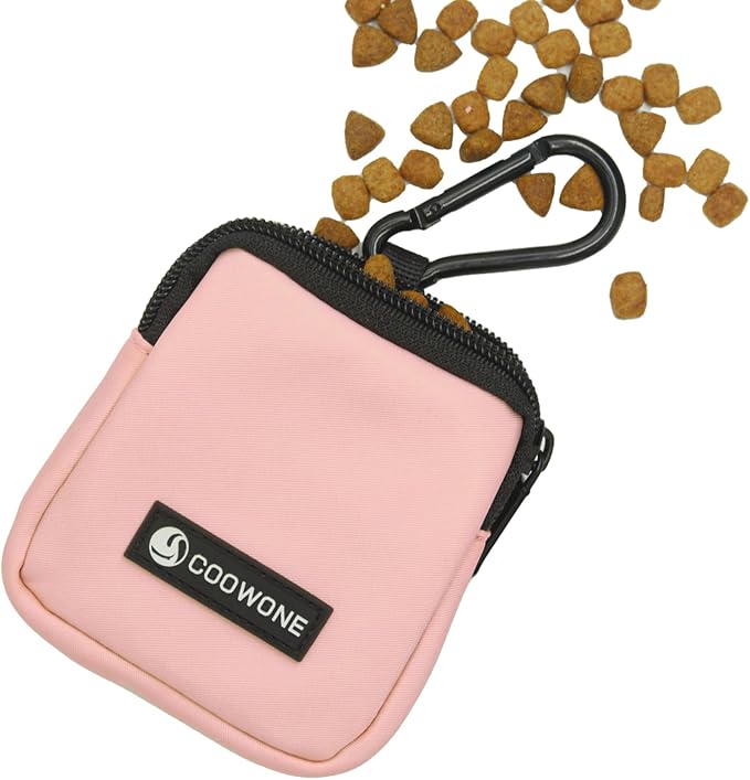 Dog Treat Pouch Pocket Sized Pet Puppy Training Pouch for Dog Training Behavior Aids, Waterproof Nylon Fabric Dog Poop Bag Holder, Hands Free Dog Walking Bag with Metal Carabiner (Pink)