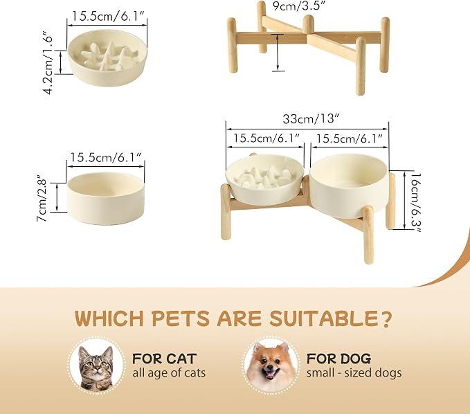 Havniva 6.1” Raised Slow Feeder Dog Bowls Set, 0.9 Cups Ceramic Slow Feeder Dog Bowl and 6.1” Dog Water Bowl with Elevated Wooden Stand Puzzle Dog Food Bowl for Small Dogs Anti-Gulping & Anti-Choking