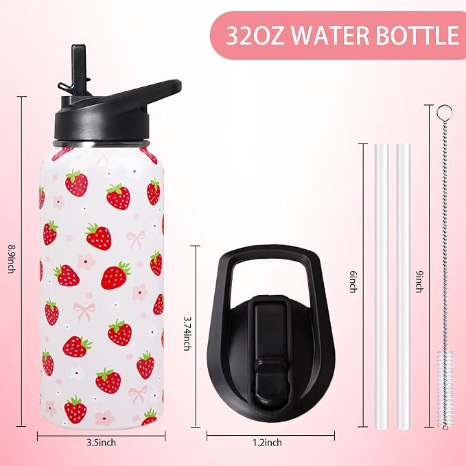 32oz Strawberry Stainless Insulated Aater Water Bottle with Straw,Strawberry Floral Gym Hiking Sports Coffee Mug Cup Water Bottles,Strawberry Themed Gifts for Women,Strawberry Decor Stuff Accessories