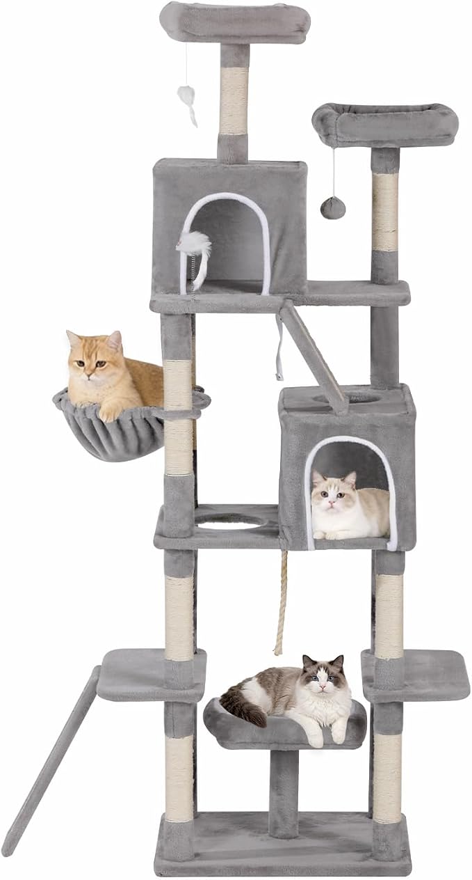 Multi-Level Cat Tree Large Cat Tower with Scratching Posts, Cat Condo for Adult Cats Kittens, Perches and Hammock (Light Gray)