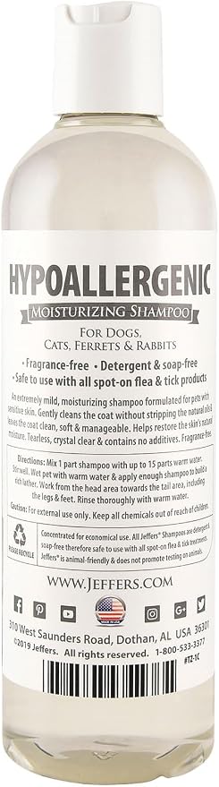 Jeffers Pet Hypoallergenic Shampoo for Dogs, Cats & Small Animals 17 oz – Concentrated Moisturizing Tearless Formula with Aloe Vera & Vitamins A D E, Fragrance & Soap Free, Gentle for Sensitive Skin