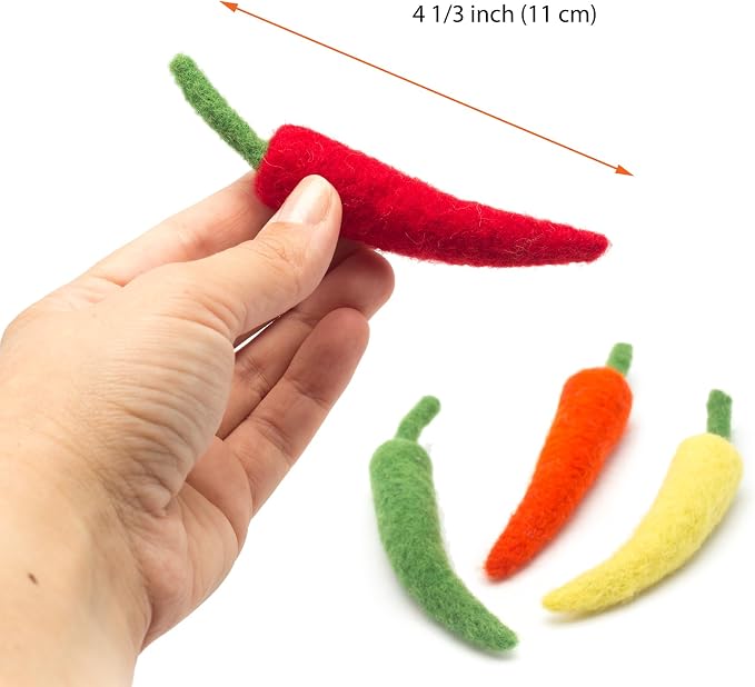 Glaciart One Cat Chili Pepper Toy – 4 Pcs | Soft Fuzzy Enrichment 100% Natural Wool - Interactive Catnip Play Cat Toy Set - Safe for Pets, Non-AZO Colored Dyes