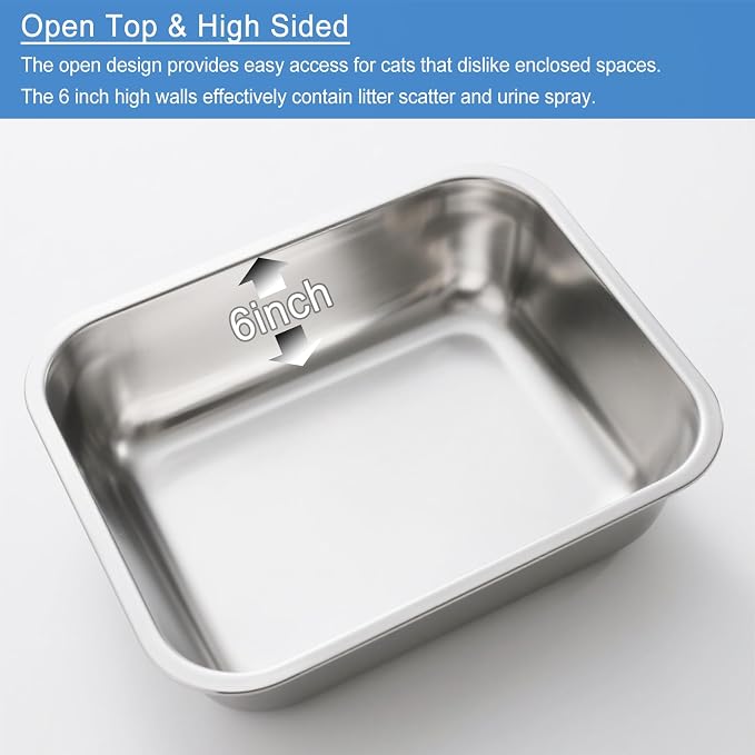 2 Pack Stainless Steel Cat Litter Box Large Metal Litter Pan Tray High Sided Cat Box, Pet Toilet Supplies for Indoor Cats Kitten Rabbit - Non Stick, No Smell, Easy to Clean - 17.72x13.78x5.91 Inch