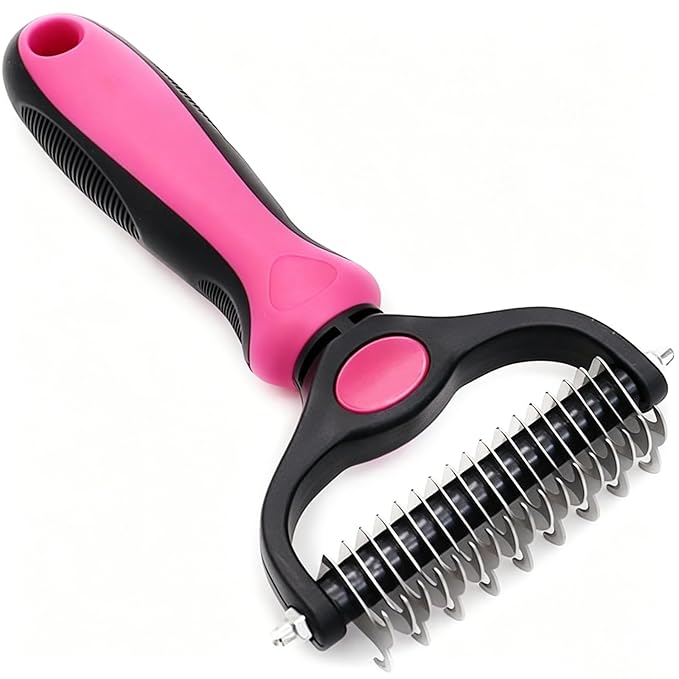 Pet Grooming Rake for Dogs & Cats - Double-Sided Deshedding and Dematting Tool, Gently Remove 95% of Loose Undercoat & Mats for Long-Haired Pets, Painless Fur Brush for Shedding Control (Pink, M)