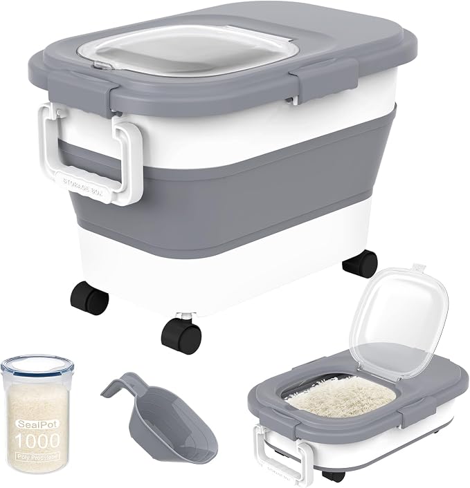 HOYTAMDAR 20-30Lbs Collapsible Rice Container,Food Storage container | Rice Storage Container with Airtight Lid,Rolling Wheels,Small Bin & Measuring Scoop,Rice Dispenser for Pet Food Rice Flour
