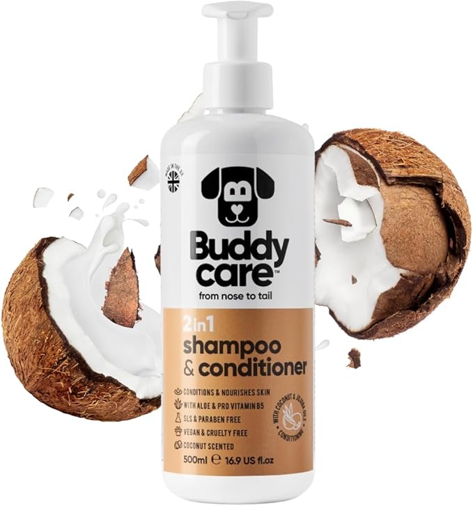 Buddycare 2in1 Dog Shampoo and Conditioner (16.90oz) | Coconut Scented Dog Shampoo Sensitive Skin | Hypoallergenic Itch Relief for Smelly Dogs | Essential Dog Grooming Supplies
