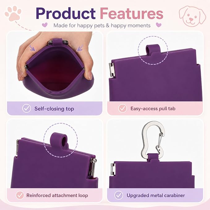YUXIANLB Silicone Dog Treat Pouch One-Hand, Clip on Portable Small Pocket Size Convenient Training Bag Container Enhanced Stability with Pull Tab Auto Closing Lid for Easy Pet Training Walking