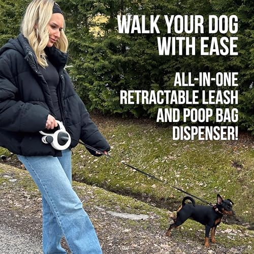 AVANTO Retractable Dog Leash with Flashlight, 16ft Heavy Duty LED Night Safety Leash for Dogs up to 110lbs – 360° Tangle-Free, USB Rechargeable Light, Waste Bag Dispenser, One-Hand Brake & Lock