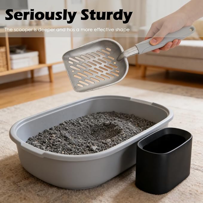 Metal Cat Litter Scoop with Holder, Aluminum Cats Litter Scooper Captures All Clumps, Heavy Duty Metal Kitty Scoopers with Holder, Cat Metal Scoop and Holder (Black) | Metal Cat Litter Scoop with Holder