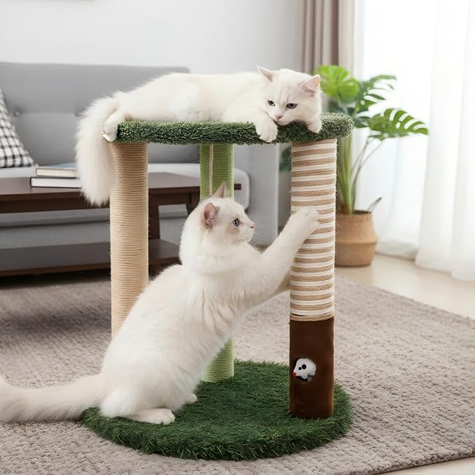 WOOCHPET 17" Small Cat Tree with Grass Base, 3 Sisal Scratching Posts & Top Perch, Cute Green Kitten Tower Platform, Small Cat Scratcher for Indoor Cats