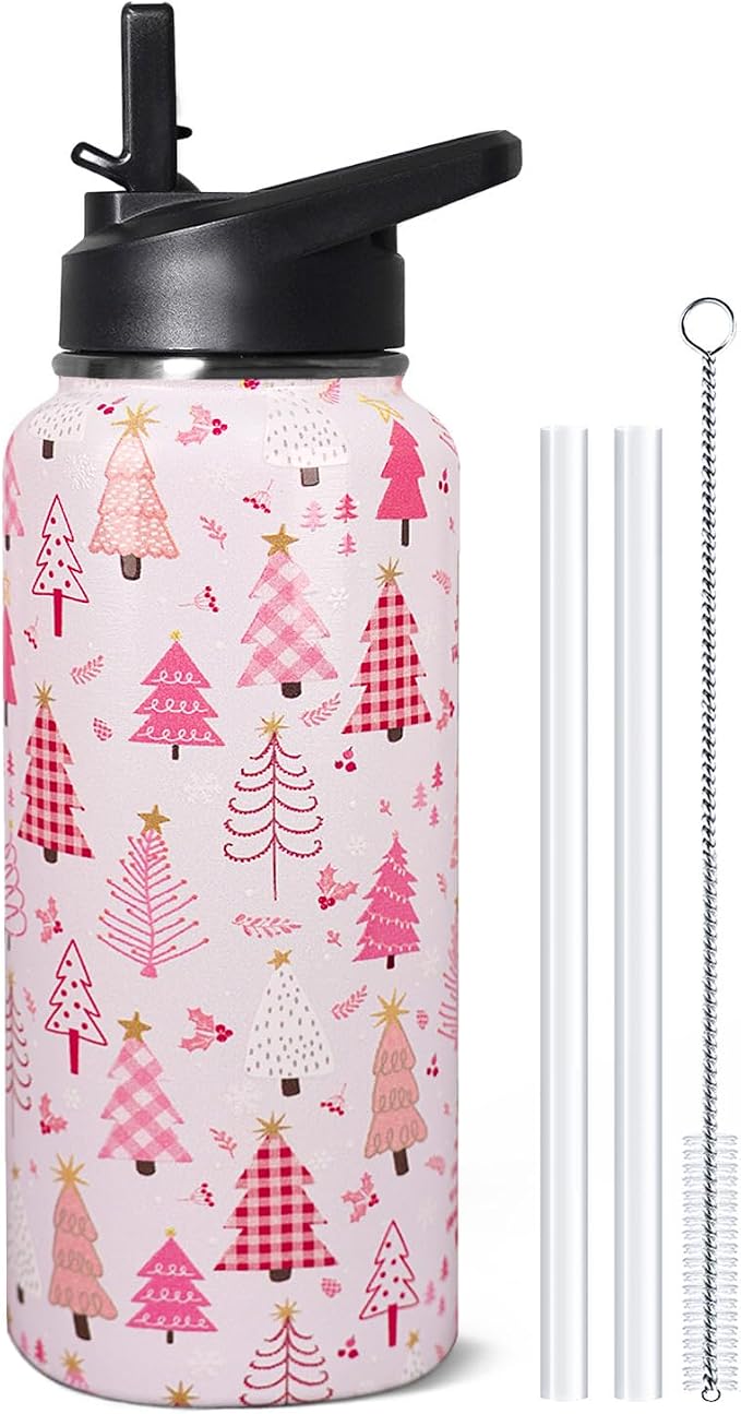 32oz Christmas Tree Insulated Aater Water Bottle with Straw,Pink Gym Hiking Sports Coffee Mug Cup Water Bottles,Christmas Gifts for Women,Christmas Decor Stuff Accessories