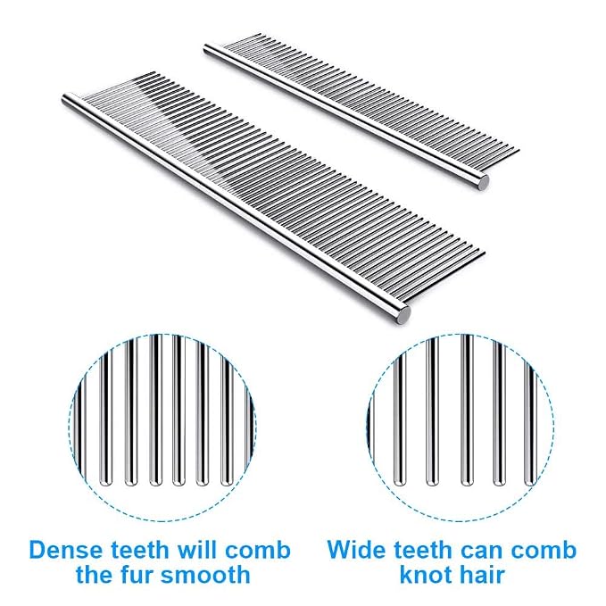 Cafhelp 2 Pack Dog Combs with Rounded Ends Stainless Steel Teeth, Cat Comb for Removing Tangles and Knots, Professional Grooming Tool for Long and Short Haired Dog, Cat and other pets, 6.3IN/7.4IN