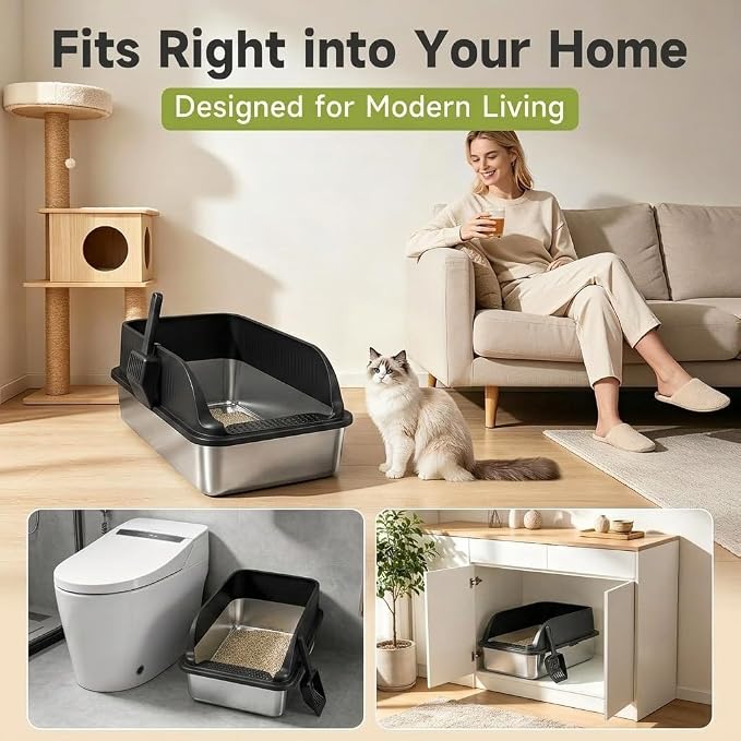Stainless Steel Litter Box with High Sides, Include Scoop, Black | Easy Cleaning Anti-Urine Leakage Non-Sticky Open Top Low Entry