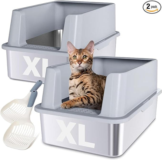 XL Stainless Steel Litter Box 2 Pack, Large to XLarge High Sided Metal Cat Litter Box with Lid, Easy Clean, Non Stick & No Smell