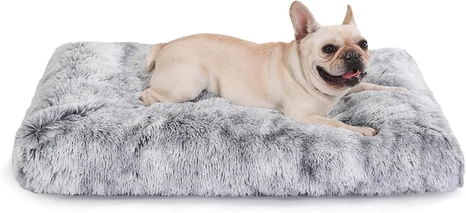 Bedfolks Waterproof Dog Crate Bed With Removable Washable Cover, Plush Faux Fur Pad for Large Dogs, Fluffy Kennel Bed 35"x23", Dark Grey