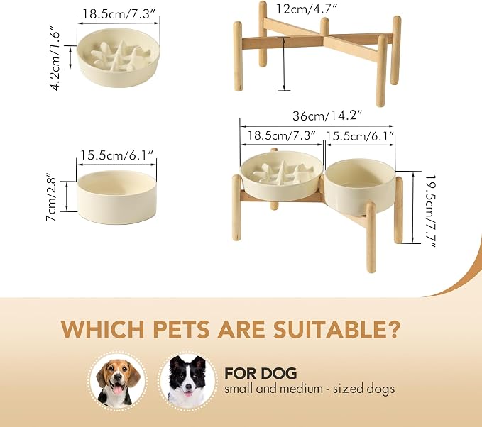 Havniva 7.3” Raised Slow Feeder Dog Bowls Set, 1.2 Cups Ceramic Slow Feeder Dog Bowl and 6.1” Dog Water Bowl with Elevated Wooden Stand Puzzle Dog Food Bowl for Small Dogs Anti-Gulping & Anti-Choking
