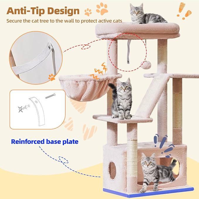 Taoqimiao Cat Tree, 38.5In Cat Tower for Indoor Cats, Suitable for Kittens | Thick Padded Top Perch, Luxurious Cat Condo, Adjustable Basket, 1-Piece Ramp Scratcher, 3 Natural Sisal Posts, Pink, MS029SP