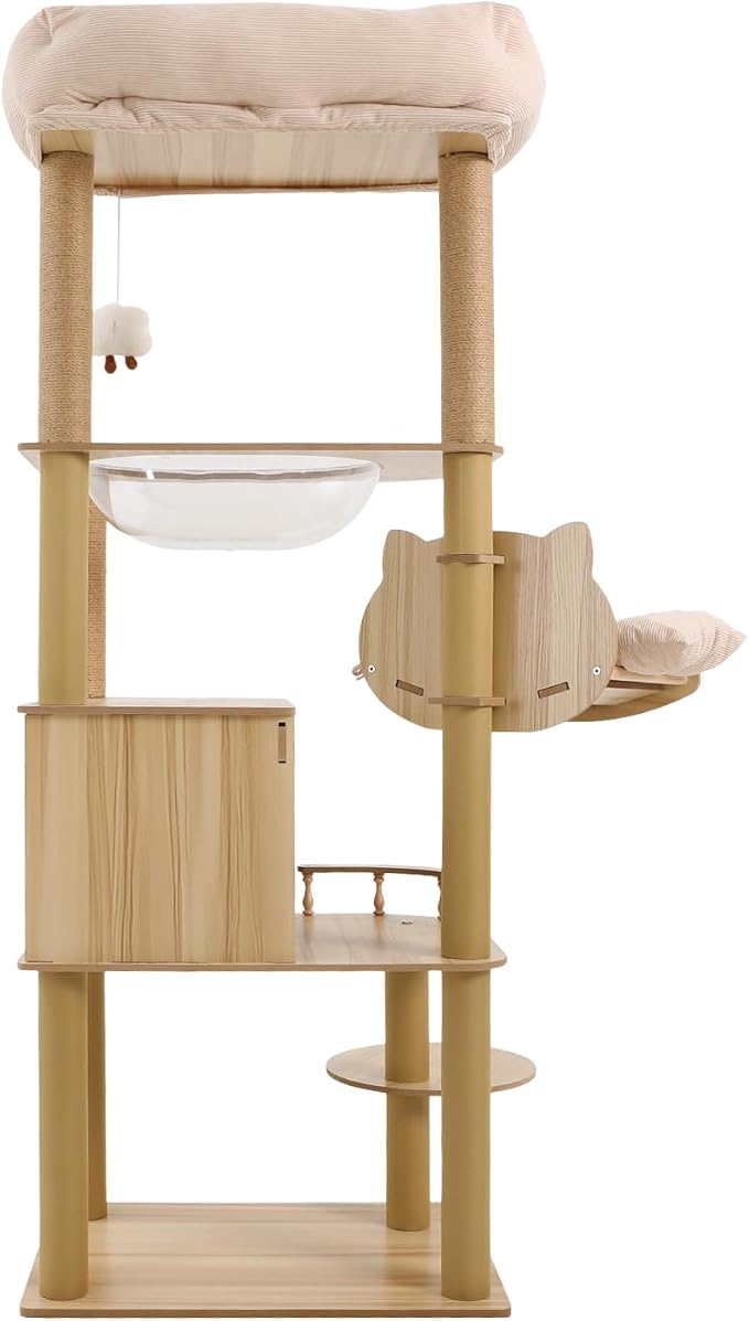 Multi-Level Cat Tree for Indoor Cats, Wooden Cat Tower with Cat House, Scratching Posts, Hammock and Platforms, Natural Wood Cat Furniture