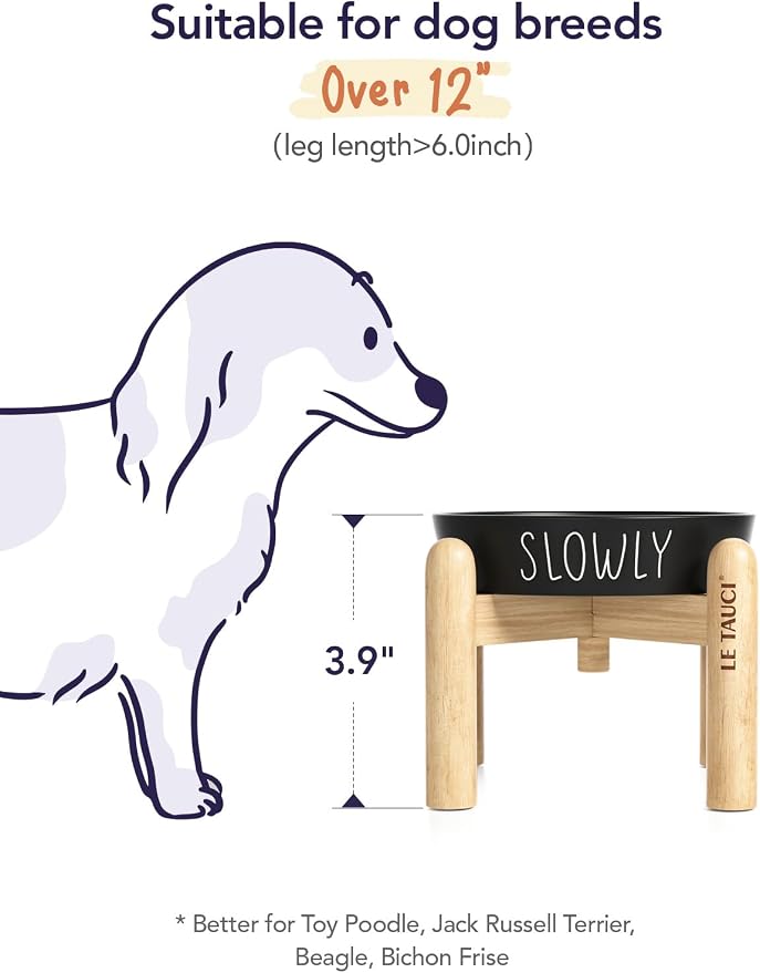 LE TAUCI PET Ceramic Slow Feeder Dog Bowls Elevated, 0.6 Cups Raised Dog Bowl with Wooden Stand for Small Breed to Slow Down Eating, Puzzle Food Bowl,Black