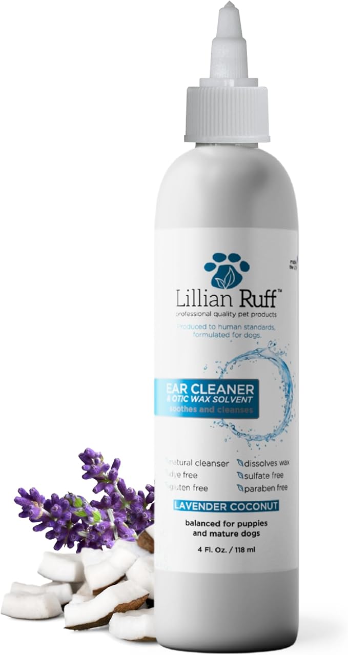 Ear Cleaner & Otic Wax Solvent for Dogs with Tea Tree Oil, Bee Propolis & Aloe - Coconut and Lavender Scent - Dissolve Wax and Combat Ear Odors - Safe for Sensitive Ears (4oz)