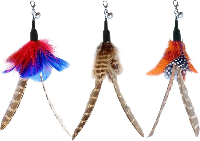 TTcat 10 Pack Cat Wand Toy Replaceable Refills, Realistic Bird Bee Insect Natural Feather Attachments with Bells, Detachable Clip-on Teaser Replacement for Cat Wand.