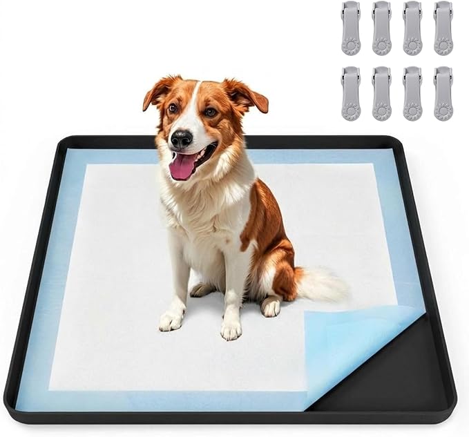 VavoPaw Pee Pad Holder for Dog, 24" × 24" Puppy Pad Holder with Clamps, Raised Edges Leak-Proof Dog Pee Pads Holders, Waterproof Silicone Potty Pads for Dogs, Easy to Clean Indoor, Black