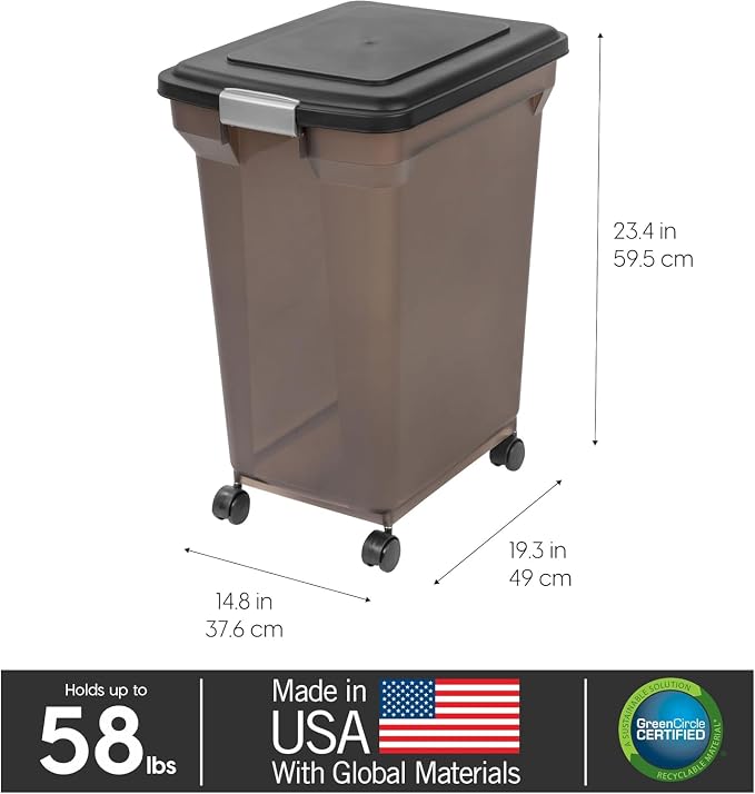 IRIS USA Dog Food Storage Container, Up to 58 lbs, Smoke Black, Made in USA | Wheels for Mobility, Airtight Seal, BPA-Free, Best for Bird Seed, Cat food, Cat Litter, Chicken Feed, Pellets