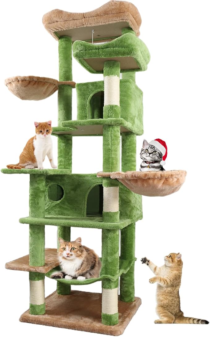 68 Inches Multi-Level Large and Tall Cat Tree Tower for Indoor Cats/Removable Pad/Cat Condo/Sisal Scratching Posts/Hammock/Cat Activity Center/Wide Base Green