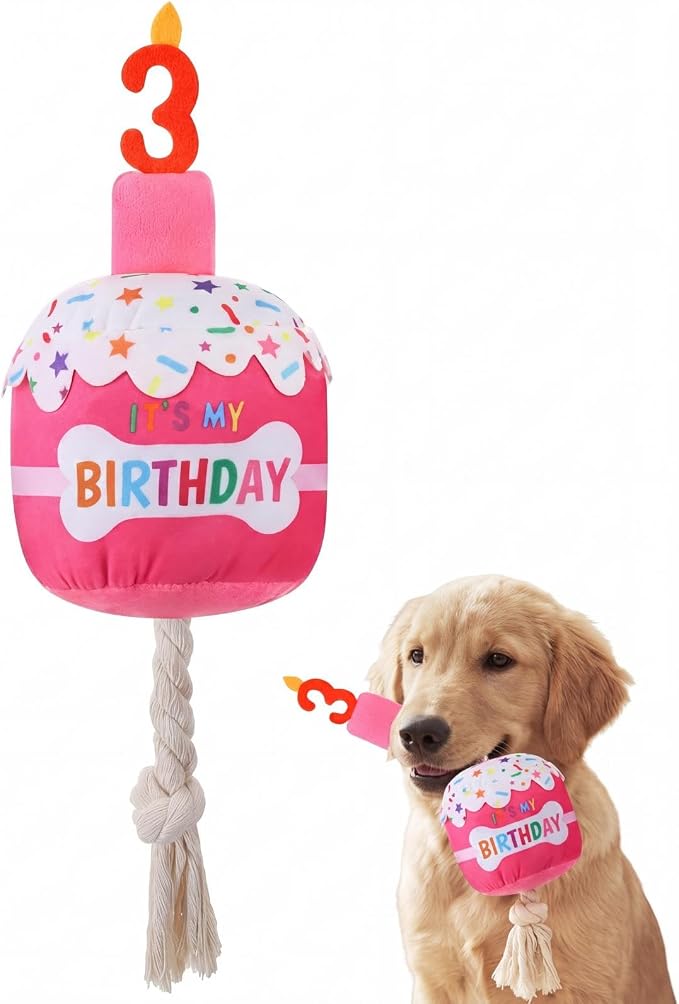 Dansydaisy Dog Birthday Cake Toy Squeaky Plush Toy for Girl Boy Gifts, Chew Accessories for Dog Birthday Party Decor Favor for Large, Medium and Small Dogs(3rd,Rose Pink)