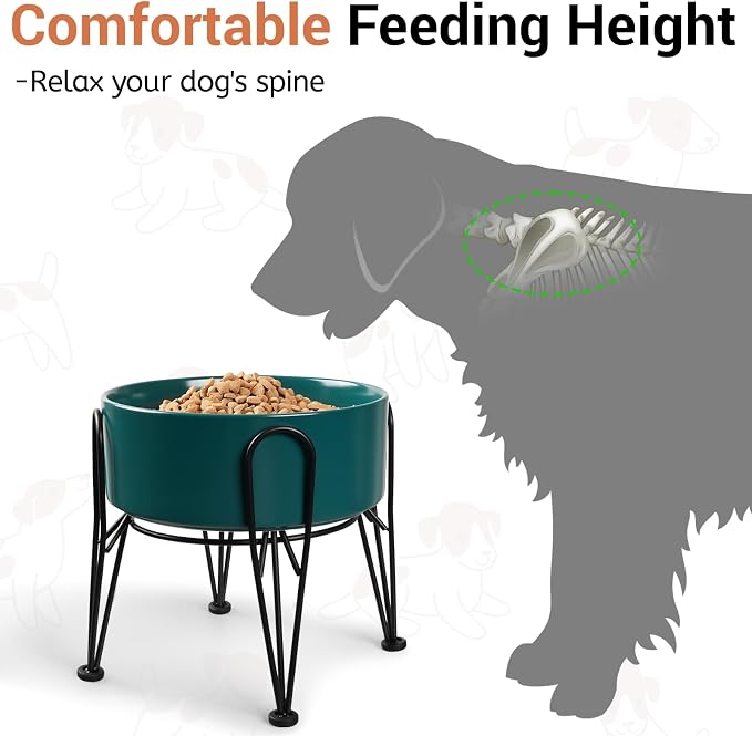 Elevated Dog Bowls, Ceramic Raised Dog Bowl Set with Anti-Slip and Non-Tip Metal Stand, 2 Pack Pet Food and Water Feeding Bowls for Small and Medium Dogs (Green,7.6 Cups)