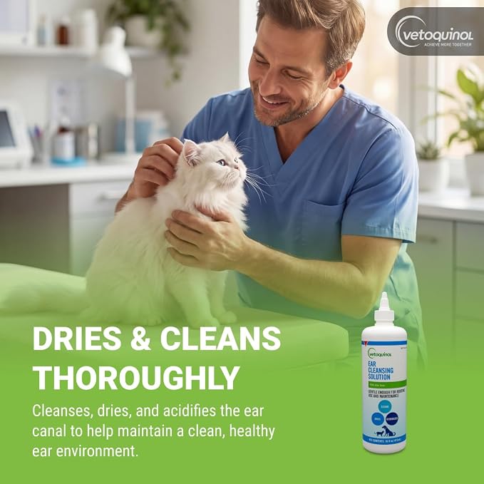 Vetoquinol Ear Cleansing Solution - Gentle Cleaner to Remove Dirt & Debris - Easy-to-Use Drops for Cats & Dogs - Support Clean and Fresh-Smelling Ears - Ideal for Routine Pet Hygiene - 16 Ounces