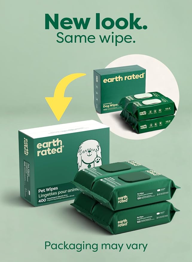 Earth Rated Dog Wipes for Paws & Butt, Deodorizing, Unscented, 400ct | Hypoallergenic, 3-in-1 Cleaning and Hydrating, for Grooming Paws, Body and Butt