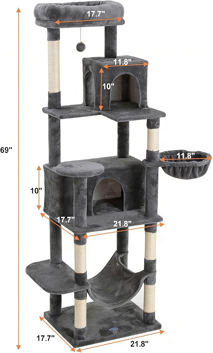 Multi-Level Cat Tree,69 Inches Tall Cat Tower with 2 Plush Condos,Hammock and Plush Perch, Scratching Posts and Pompoms,Gray Cat House for Indoor Cats