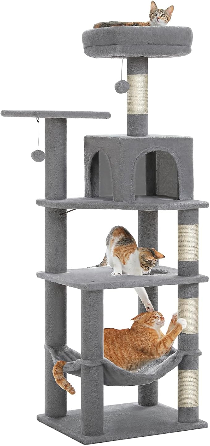 PEQULTI 56.3'' Cat Tree for Indoor Cats, Multi-Level Cat Tower with 2 Top Perch, Cat Condo, Hammock and Sisal-Covered Scratching Post