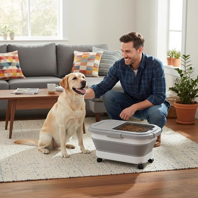 Summark 15 Lbs Dog/Cat Food Storage Container,Collapsible Food Storage Containers with Rolling Wheel Airtight Locking Lid,Pet Food Storage Container with Cup and Scoop,Grey