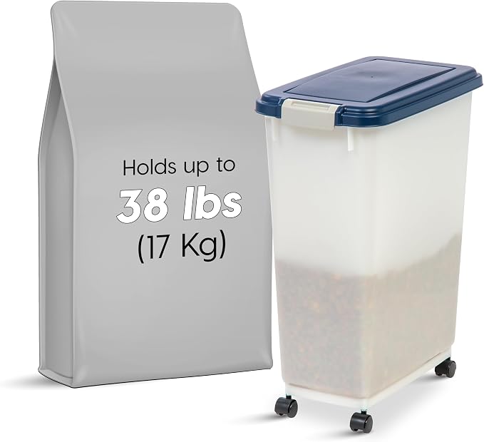 IRIS USA Dog Food Storage Container, Up to 38 lbs, Navy/Pearl, Made in USA | Wheels for Mobility, Airtight Seal, BPA-Free, Best for Bird Seed, Cat food, Cat Litter, Chicken Feed, Pellets
