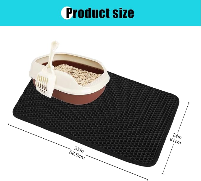 Cat Litter Mat 35"x24", Double Layer Waterproof Litterbox Mat, Black | Non-slip backing, washable for easy cleanup, traps stray litter with waterproof honeycomb large grid that is urine-proof