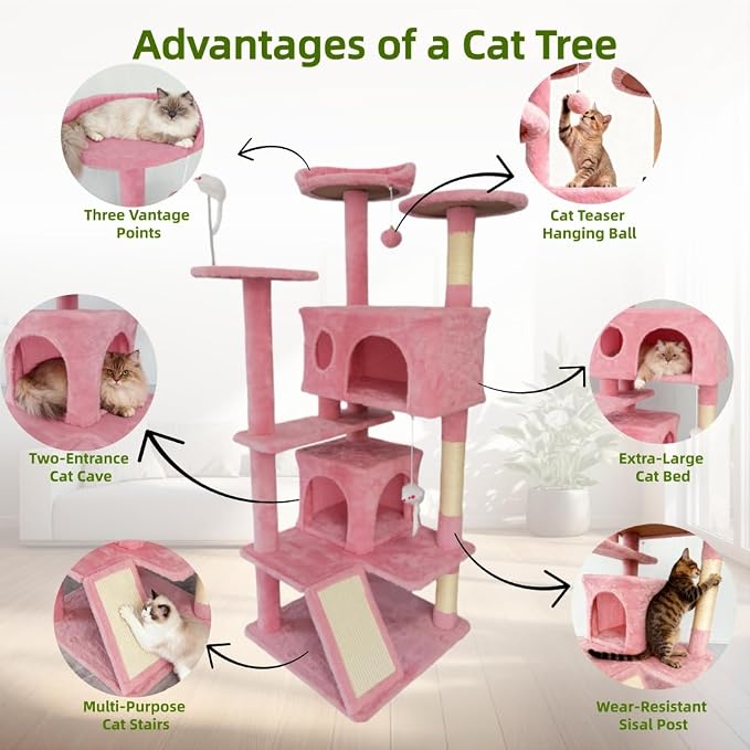Cat Tree Tower for Indoor Cats,Cat House with Sisal Scratching Post,Multi-Level Cat Condo and 3 Large Platforms (Pink)