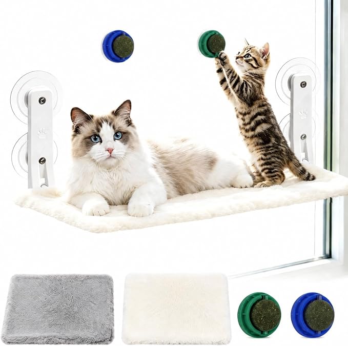 Cat Window Perch Hammock with 2 Washable Plush Covers, Cozy Window Bed for Cats with Catnip Toys, Window Mounted Cat Bed for Indoor Cats to Sunbathe and Relax