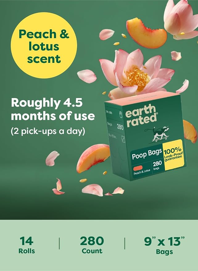 Earth Rated Poop Bags for Dogs, Guaranteed Leak Proof and Extra Thick Waste Bag Refill Rolls, Peach and Lotus, 280 Count