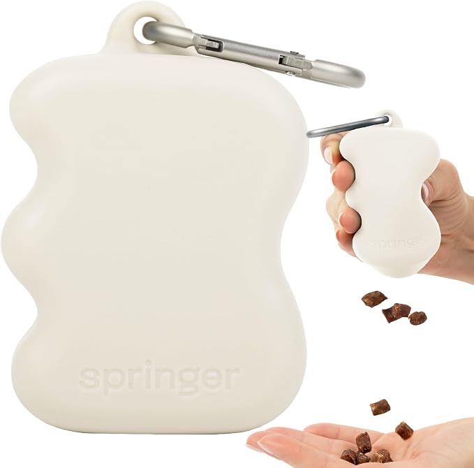 Springland Silicone Dog Training Treat Pouch for Leash, Oat | One-hand squeeze dispenser, food-grade silicone, BPA-free, carabiner included, easy-fill holder for rewards on the go