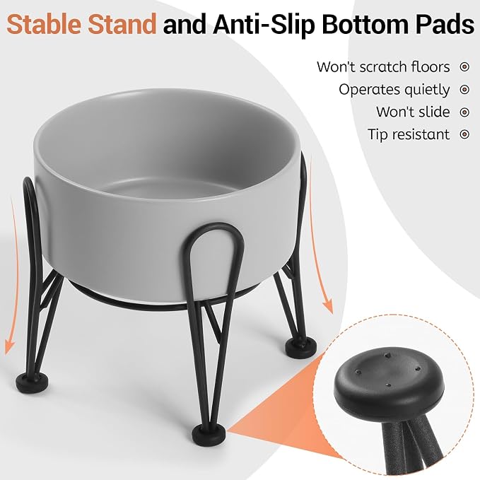 Elevated Dog Bowls, Ceramic Raised Dog Bowl Set with Anti-Slip and Non-Tip Metal Stand, 2 Pack Pet Food and Water Feeding Bowls for Small and Medium Dogs (Gray,3.6 Cups)
