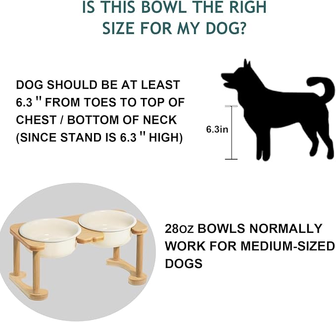 Elevated Ceramic Dog Bowl with Stand, Raised Food and Water Feed Set, Beige | Pet Dishes For Small and Medium Breeds, 6.9" Wide Double Modern Porcelain Bowls, 6.3" High Wooden Stand, Non-Slip, 28Oz/800ML