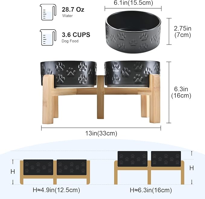 SPUNKYJUNKY Elevated Dog Bowls Ceramic, 6.1'' Dogs and Cat Food Water Bowls Raised with Non-Slip Bamboo Stand for Medium Sized Breed Microwave Dishwasher Safe - 28.7 OZ,Paw Black