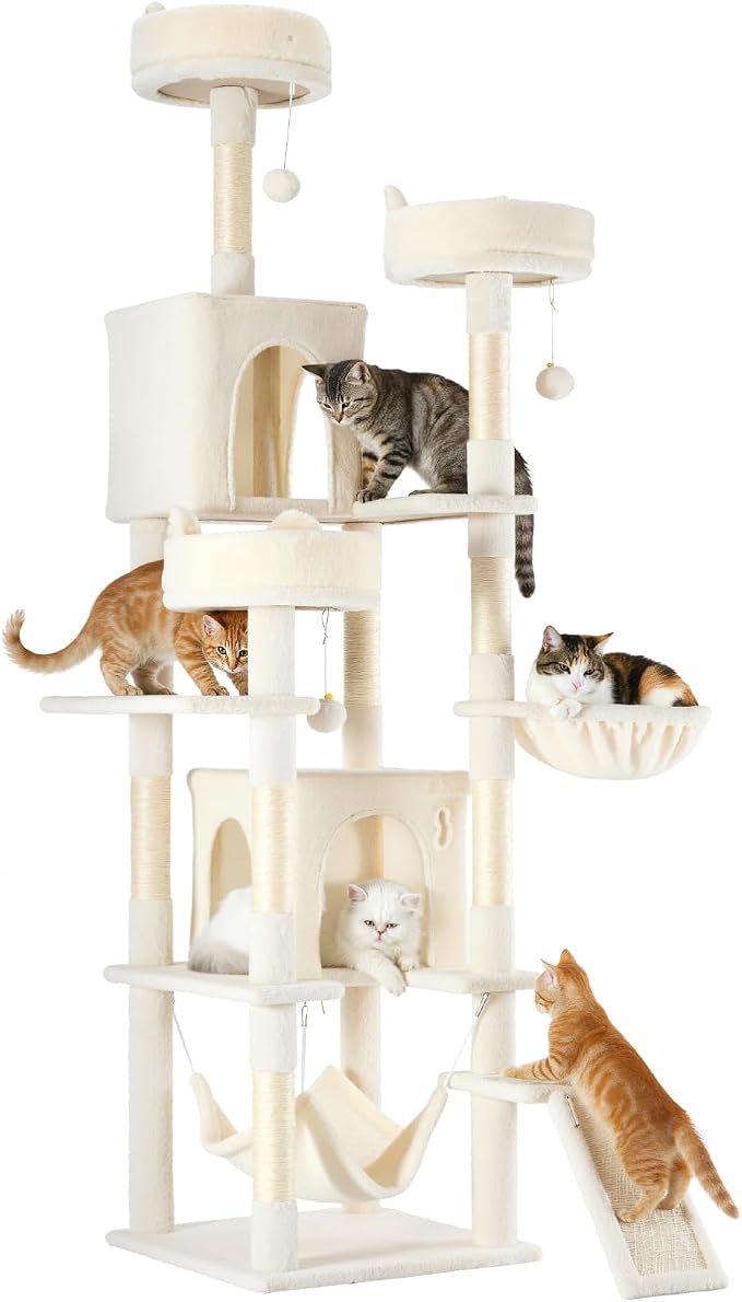 DUMOS Tall 75 inch Cat Tree Tower with Scratching Posts, Indoor Cats Use | Large Multi Level Cat Climbing Tower with Condo, Platform, Hammock, Basket, Pet Tree House for Kittens Play, Beige
