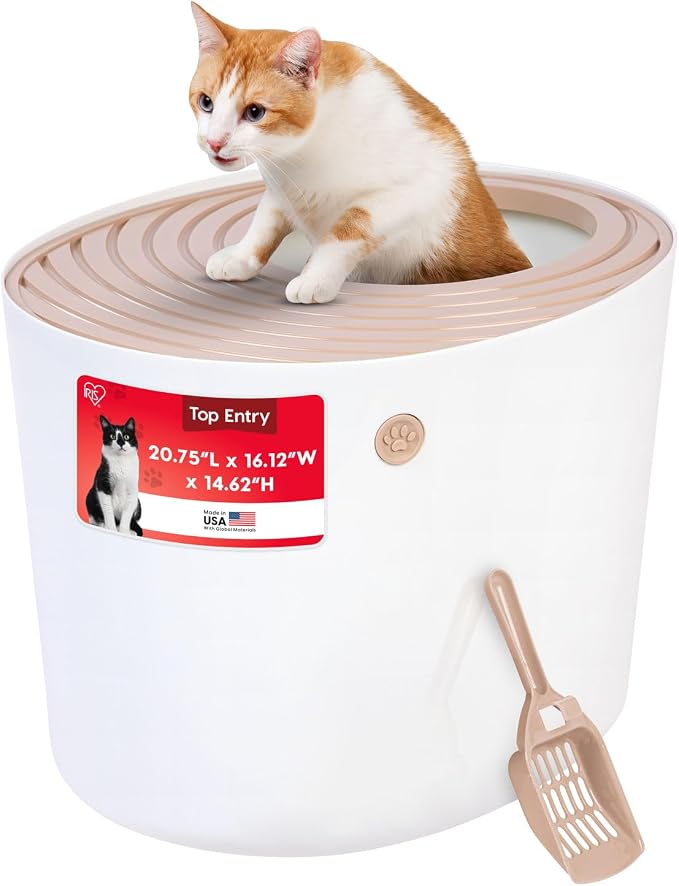 IRIS USA Large Cat Litter Box with Lid, Top Entry Design, Covered Enclosure, Dog Proof, Litter Scatter Control, Odor Reducing, Includes Scoop for Indoor Cats & Kittens, Beige/White, Made in the USA