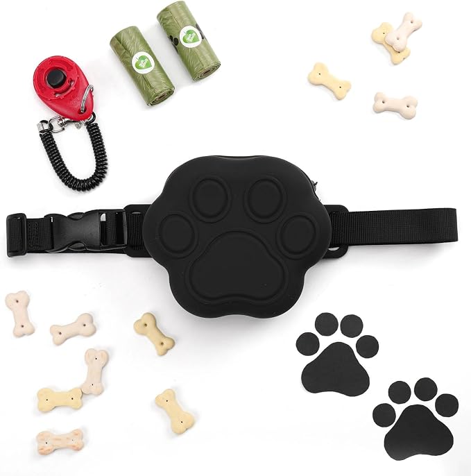 Dog Treat Pouch with Training Clicker and 2 Poop Bags, 1.8 Cup Small Sealable Zipper Silicone Fanny Pack with Waist Belt, Pet Puppy Training & Walking Essentials (Black)