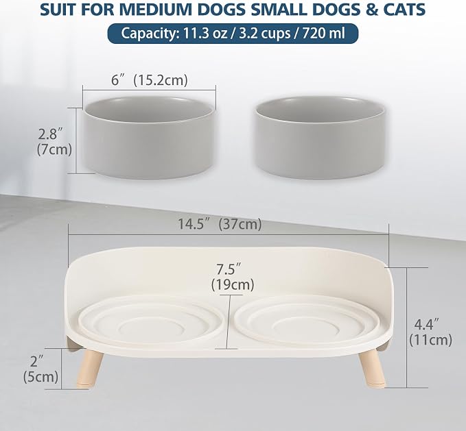Elevated Ceramic Dog Bowl Set - Double Dog Feeding Bowls with Stand Splash Proof - Raised Dishes for Food and Water - Ideal for Small to Medium Dogs - 2 x 720 ml - 11.3 oz - Grey
